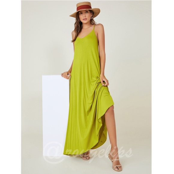 Lime Green Casual Maxi Dress Pockets V-Neck - Picture 1 of 7